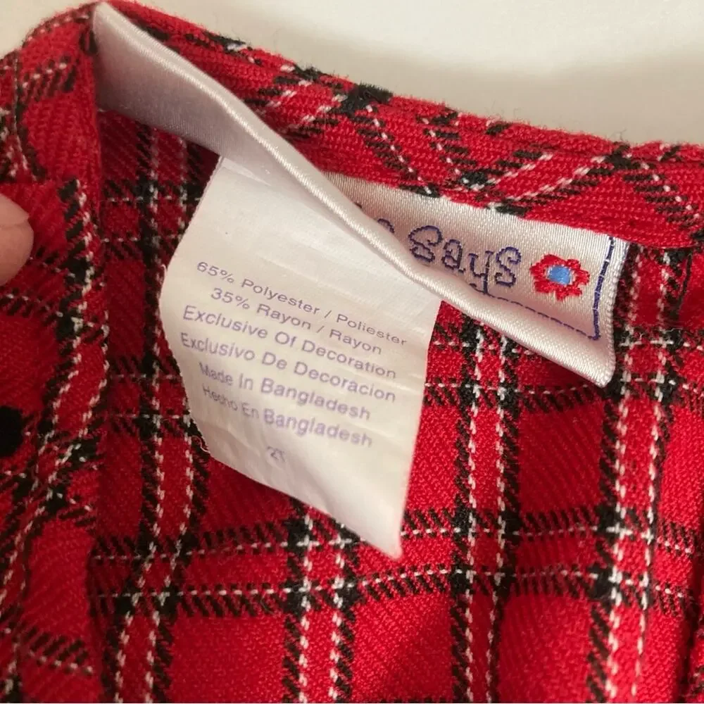 Samantha Says Red Tartan Plaid Velvet Scottie Dogs Button Back Tie Formal Dress